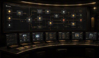 An operations console showing a complex process landscape rendered as a connected map across multiple screens