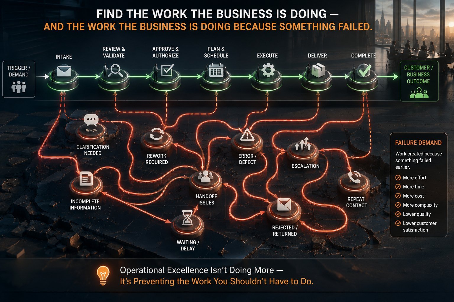 Diagram tracing an intake-to-completion workflow above, with red failure-demand loops below returning work for clarification, rework, incomplete information, waiting, handoff issues, errors, escalation, rejection and repeat contact