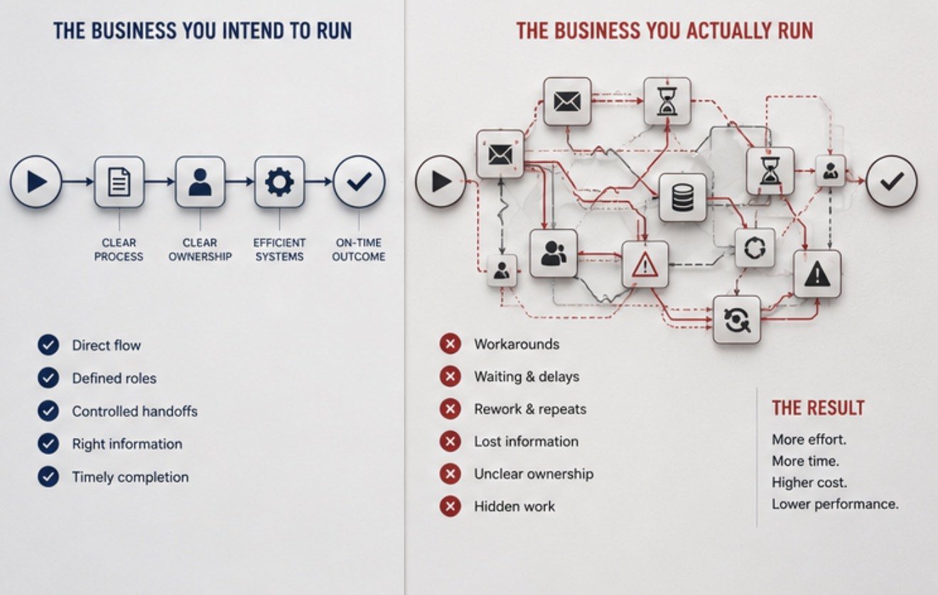 Side-by-side comparison: the intended business as a clean linear flow with clear process, ownership and systems, versus the actual business as a tangle of workarounds, delays, rework, lost information and hidden work